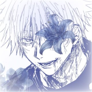 Illustrated avatar: a white-haired figure sketched in blue ink, a lily blossom across one eye.